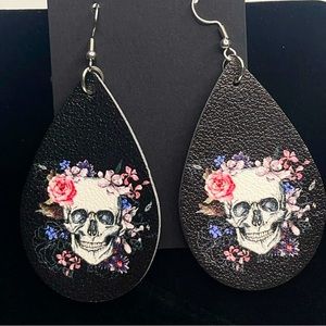 COPY - ☠️NWOT teardrop leather double sided earring with skull and flowers☠️
